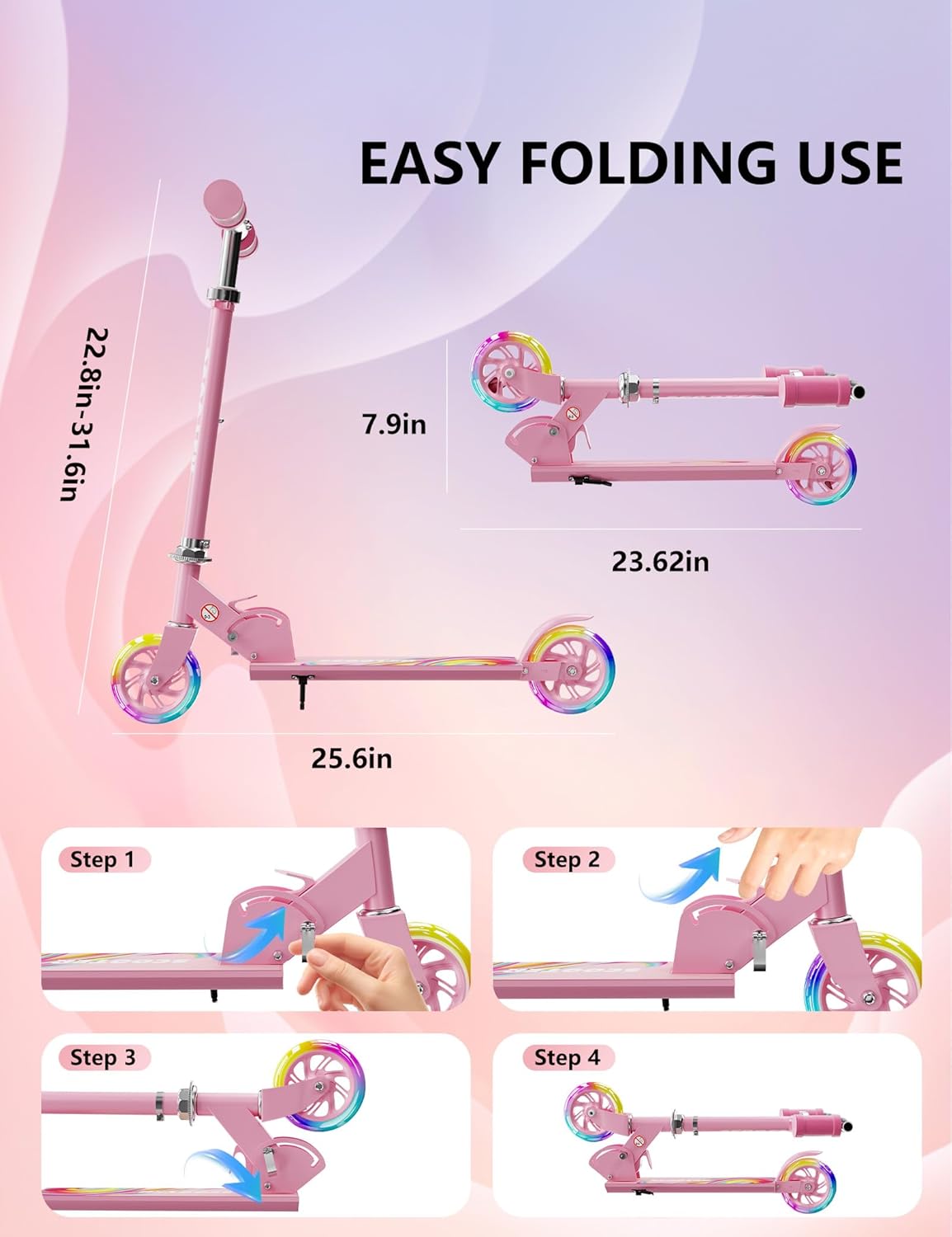 Skiennix Kids Kick Scooter - Adjustable 3-Level Height, Lightweight & Foldable - Pink LED Lights