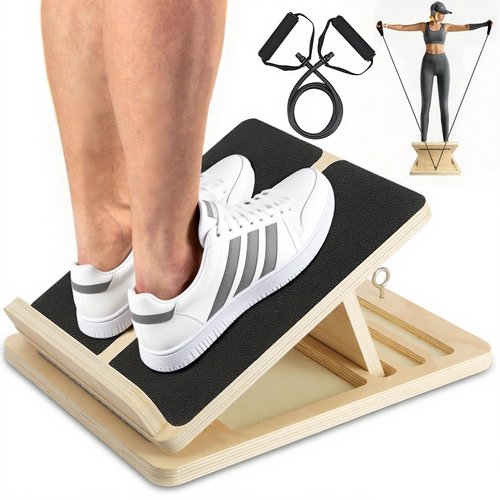 Adjustable Wooden Slant Board for Calf Stretching - 300lb Capacity Calf Stretcher with Resistance Band, Squat Wedge Incline Board for Knees & Ankle Physical Therapy, Plantar Fasciitis Relief