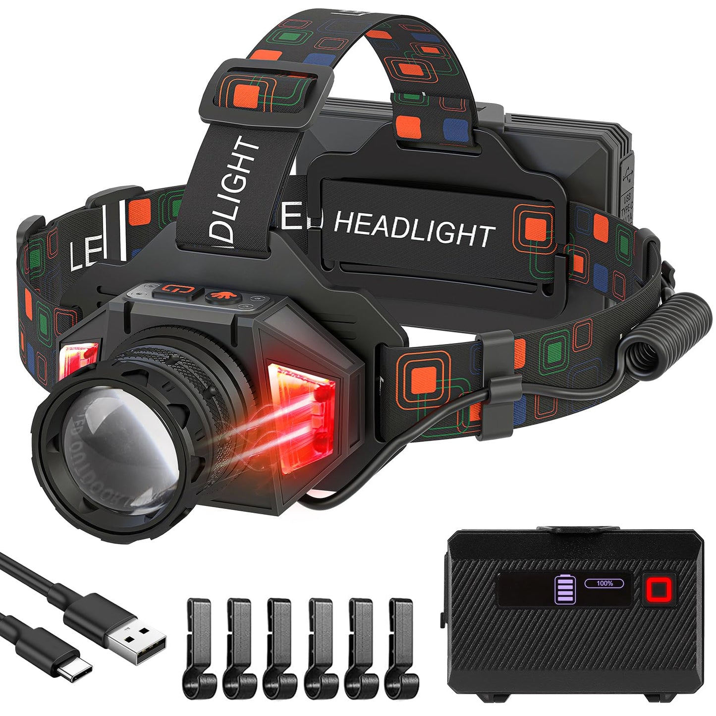 LED Headlamp Rechargeable, 3000 Lumens Head Lamp Battery Power | 9 Modes | 72H Long Battery Life | Motion Sensor | Red Light | IP65 Waterproof | 90° Adjustable Headlight for Hardhat, Camping, Hiking