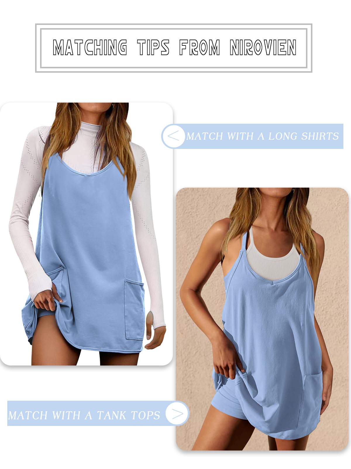 Nirovien Athletic Dress for Women Workout Romper Dress with Shorts Underneath Tennis Active Summer Outfits(Blue,M)