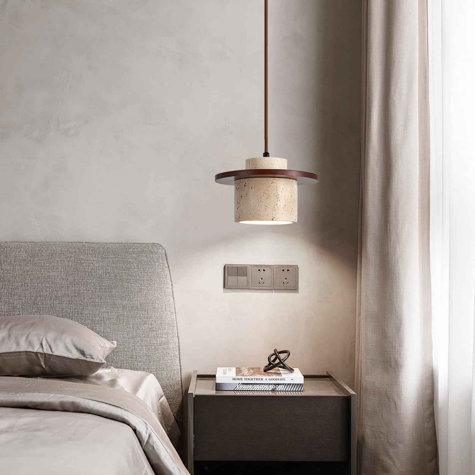 ADCTHOME Nordic Natural Stone Pendant Light Wabi-Sabi Yellow Cave Stone Chandelier, Dimmable Modern Wood Hanging Lamp Fixture for Kitchen Island,Dining Room,Bedside,Restaurant,Cafe,Bedroom(1-Pack)