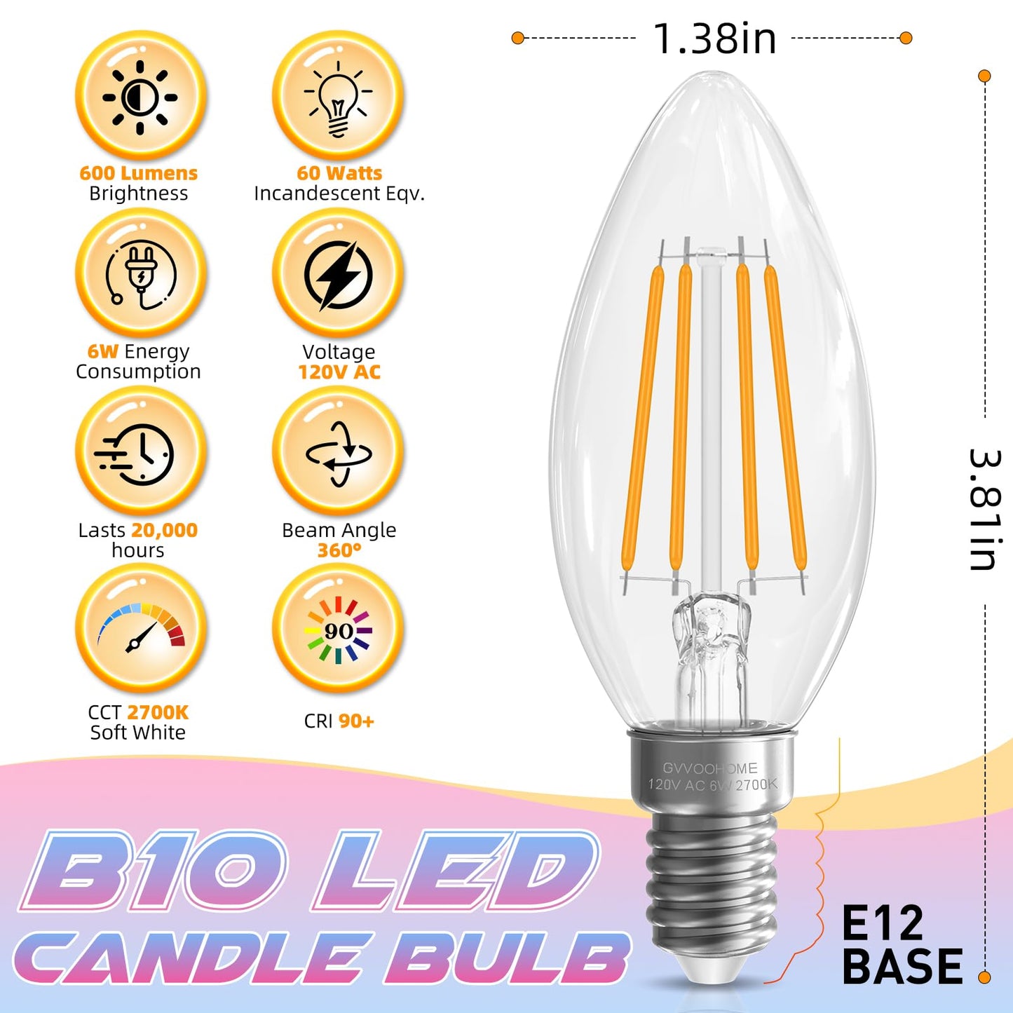 GvvooHome E12 Candelabra Bulb 2700K Soft White, 6W Equivalent to 60 watt, E12 LED Bulb Non-Dimmable, Chandelier Light Bulbs, B10 Candle Light Bulbs, 90+CRI, 600LM, Cear Glass, 12 Pack