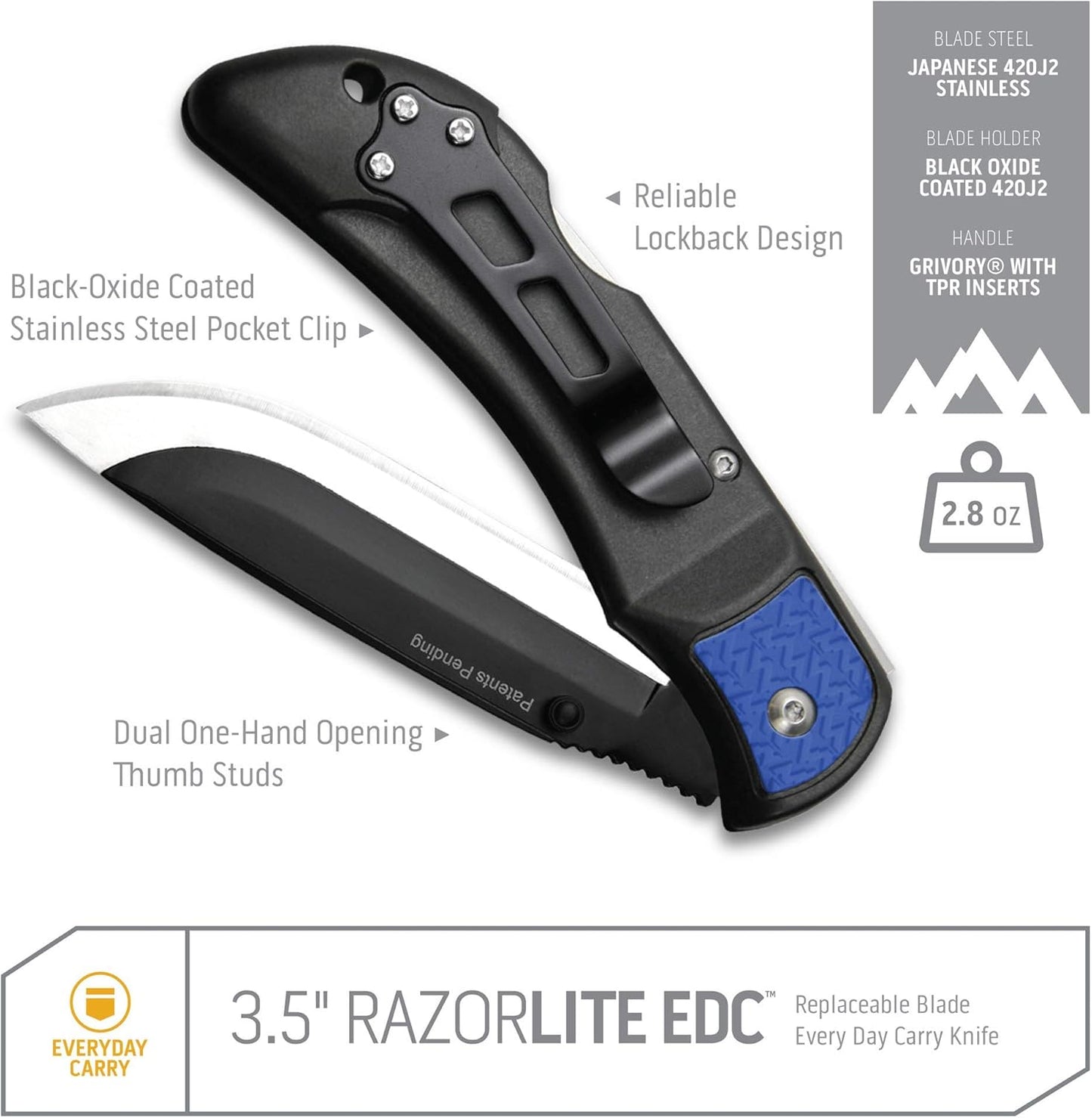 RazorLite EDC Pocket Knife 3.5” - Obsidian Black, Replaceable Blades & Clip for Camping, Hunting, Survival