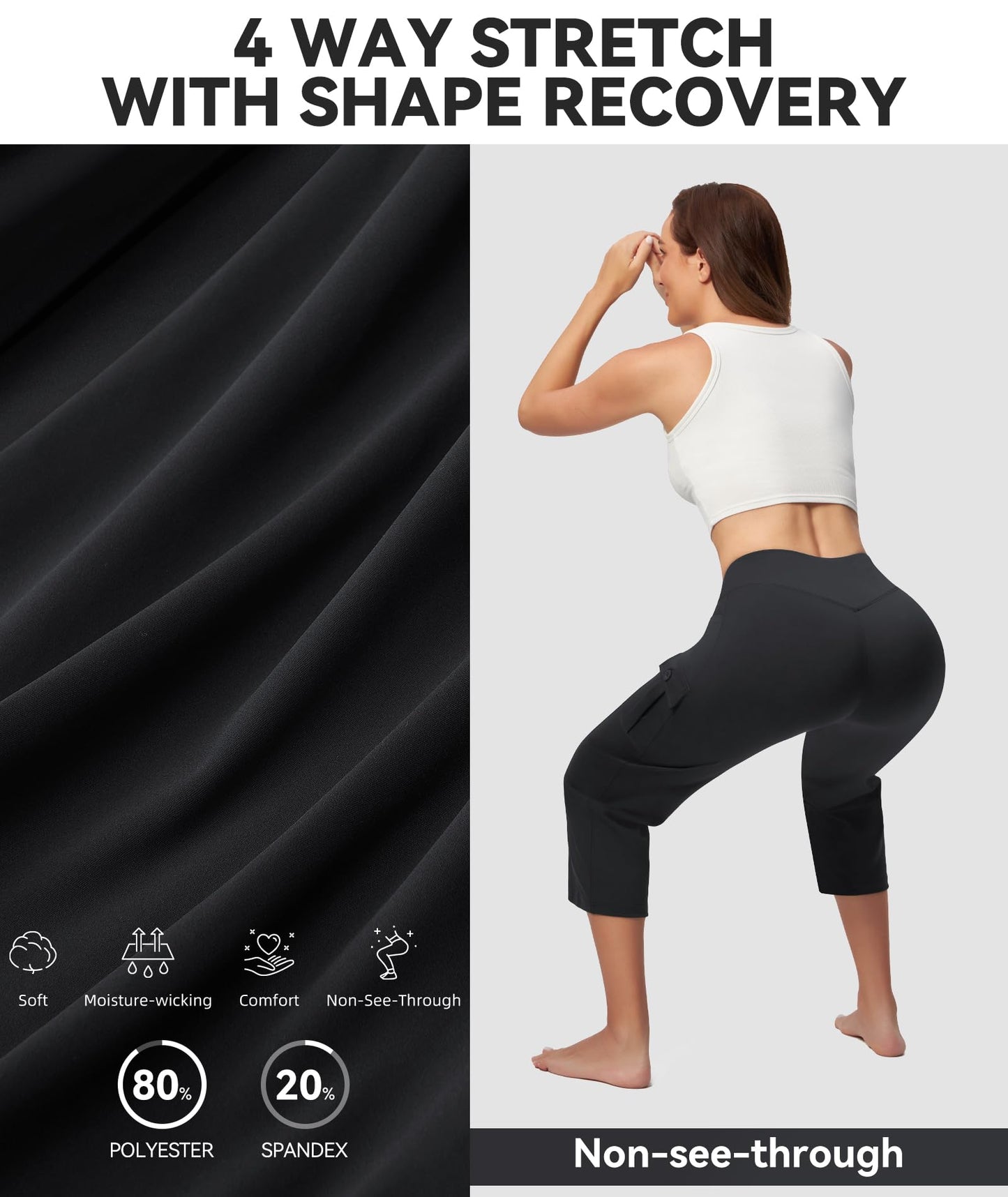 Casei Women's 21" Yoga Capris High Waisted with Pockets Cargo Capri Pants Straight Leg Casual Workout Travel Cropped Pants Black XL
