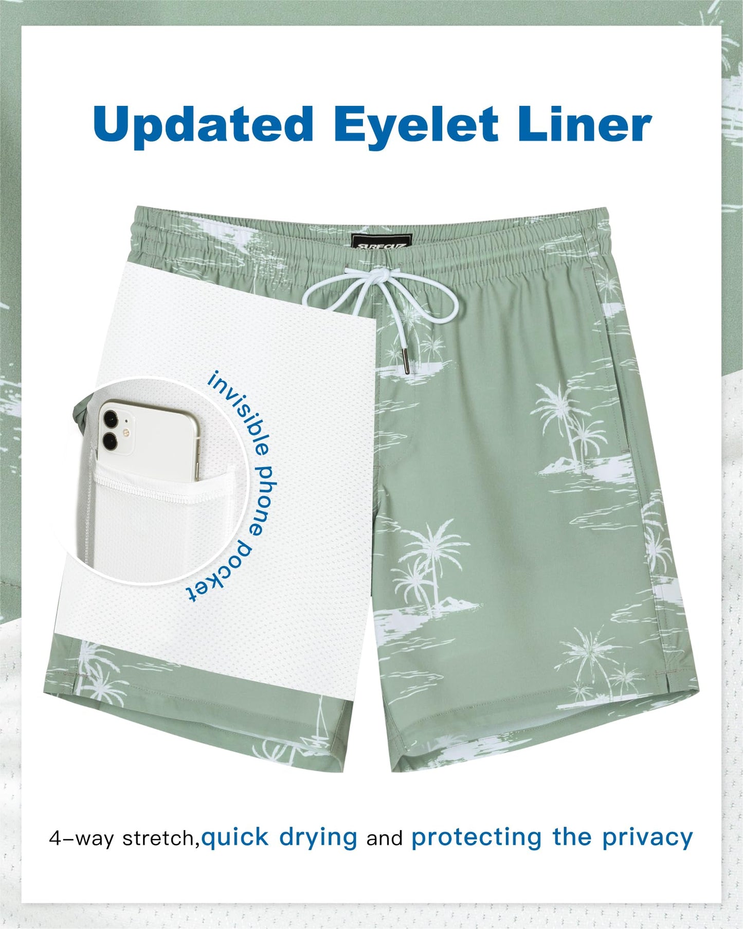 SURF CUZ Mens Swim Trunks with Compression Liner Quick Dry Swim Shorts 7" Swimming Trunks Stretch Bathing Suit 7 Inch,Coconut Island,XS