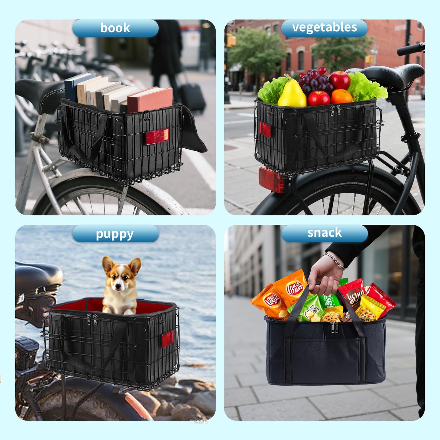 Foldable Bike Basket Rear with Bag Cargo Net Cover Bicycle Baskets for Adult Bikes Spring System for Carrying Grocery Small Dog Cat