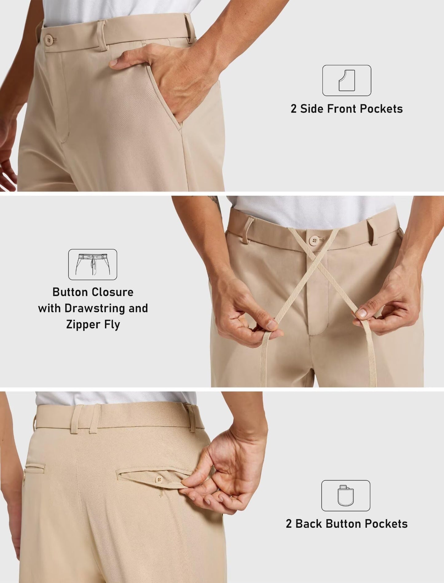 MoFiz Men's Golf Pants Quick Dry Stretch Dress Work Pants 30"/32"/34" Casual Comfy Lightweight Trousers with Pockets (34Wx32L) Khaki