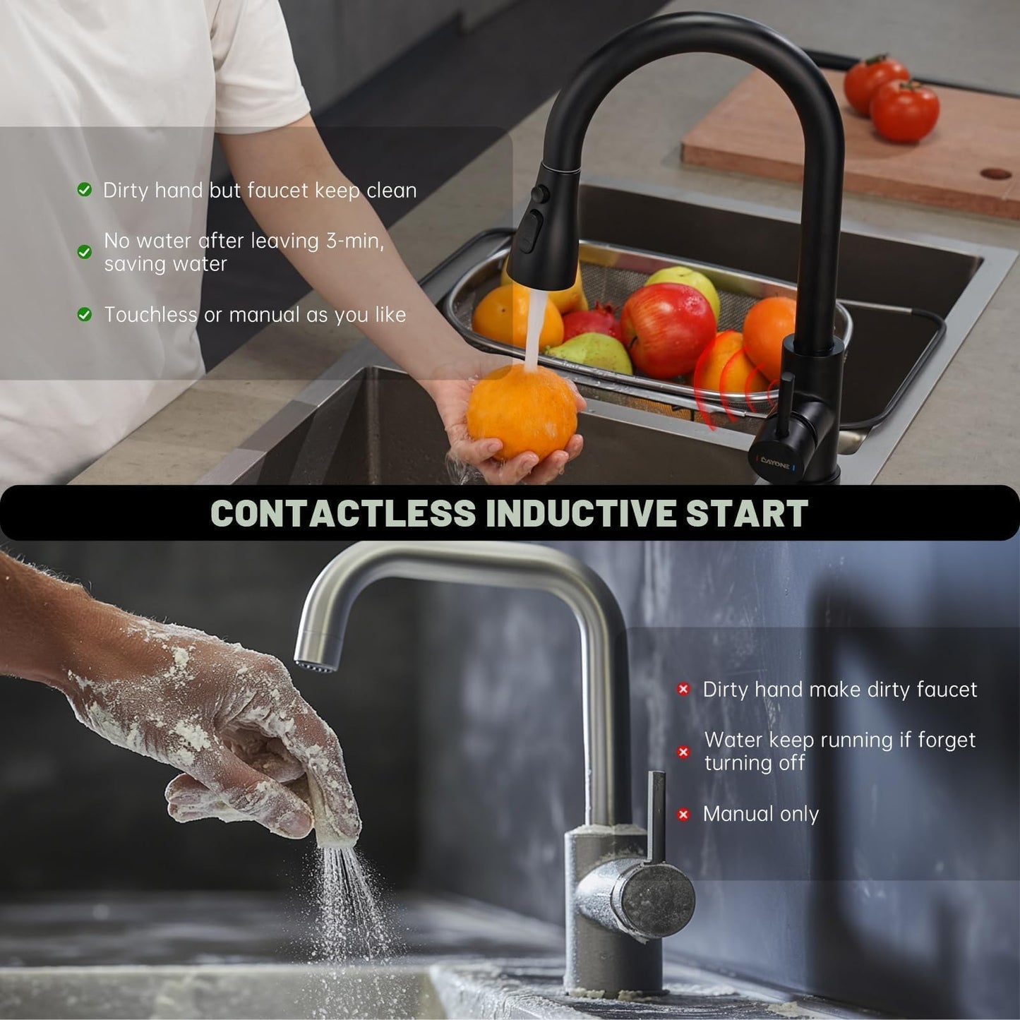 DAYONE Touchless Kitchen Sink Faucet with Pull Down Sprayer and Soap Dispenser, Black 3 Modes Motion Sensor Hands-Free Single Handle Touch Faucet for Kitchen Sink High Arc