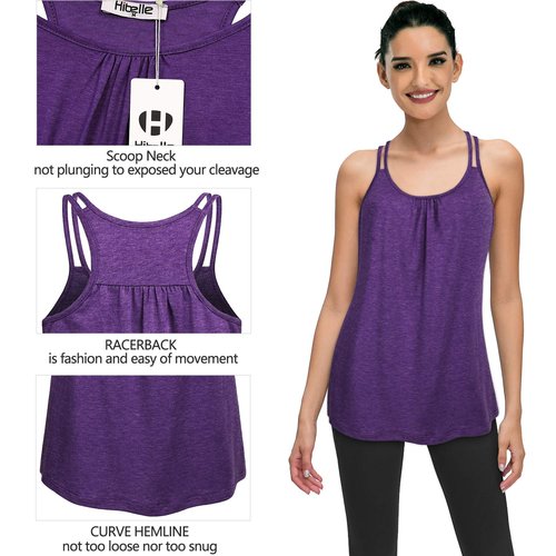 Hibelle Womens Sportswear, Ladies Sleeveless Summer Stretchy Yoga Tank Tops Sports Shirts Scoop Neck Flowy Curved Hem Trendy Pretty Front Ruched Tunic Racerback Workout Top Purple Small