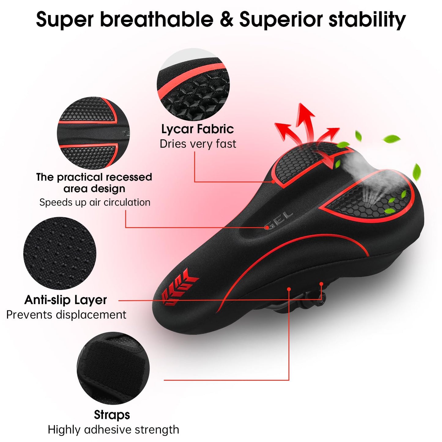 MSDADA Bike Seat Cushion - Gel Bike Seat Cover Padded for Men & Womens Comfort, Soft Bicycle Saddle Compatible with Exercise Spin Stationary Bike, for Indoor and Outdoor Cycling (Red)