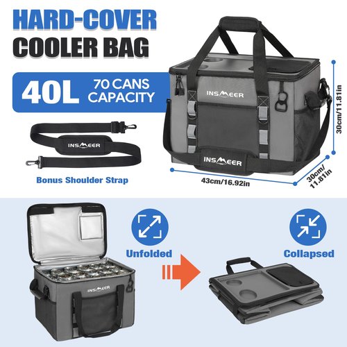 INSMEER Soft Cooler Bag with Hard Shell & 2 Cup Holders, Portable 40L/70 Cans Collapsible Cooler Bags Insulated with Leakproof for Travel, ice chests and Cooler Lunch Box for Beach Camping Picnic