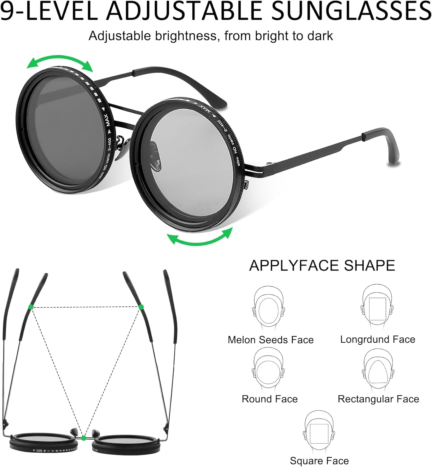 Skiennix Adjustable Tint Sunglasses - Round Polarized Glasses with Manual Tint Control & ND Filter