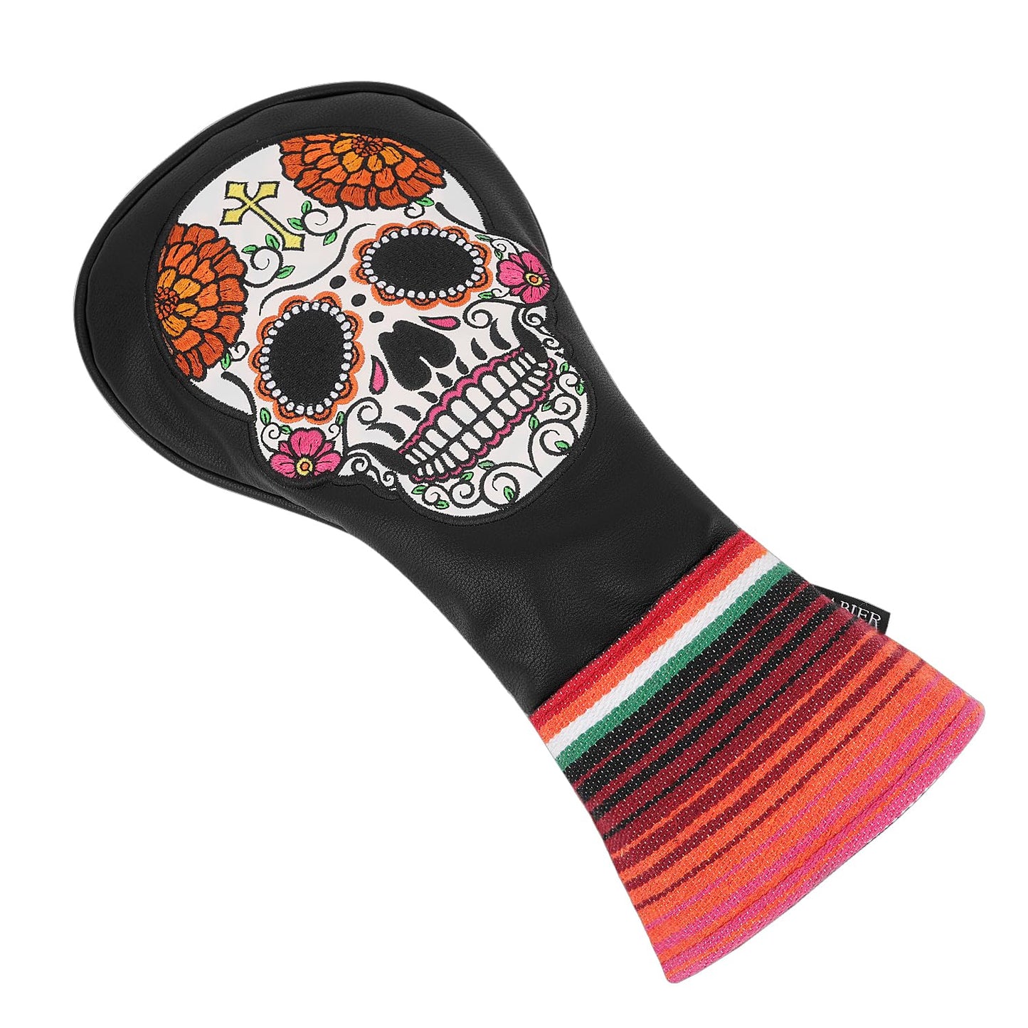 SHABIER Black Golf Hybrid Headcover with Organ Flower Embroidery Sugar Skull Design for Golf Club