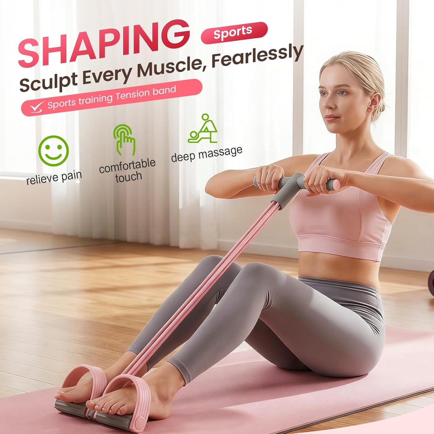 Pedal Resistance Bands - 2026 Upgrade Multifunction Tension Rope for Full Body Workout | Pink