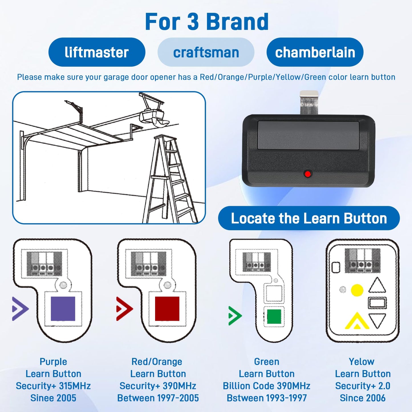 891LM Garage Door Opener Remote for liftmaster Chamberlain Craftsman Garage Door Opener Remote,950estd 971lm Work with Yellow Purple Red Orange Green Learn Button, 1-Pack 3-Year-Warranty