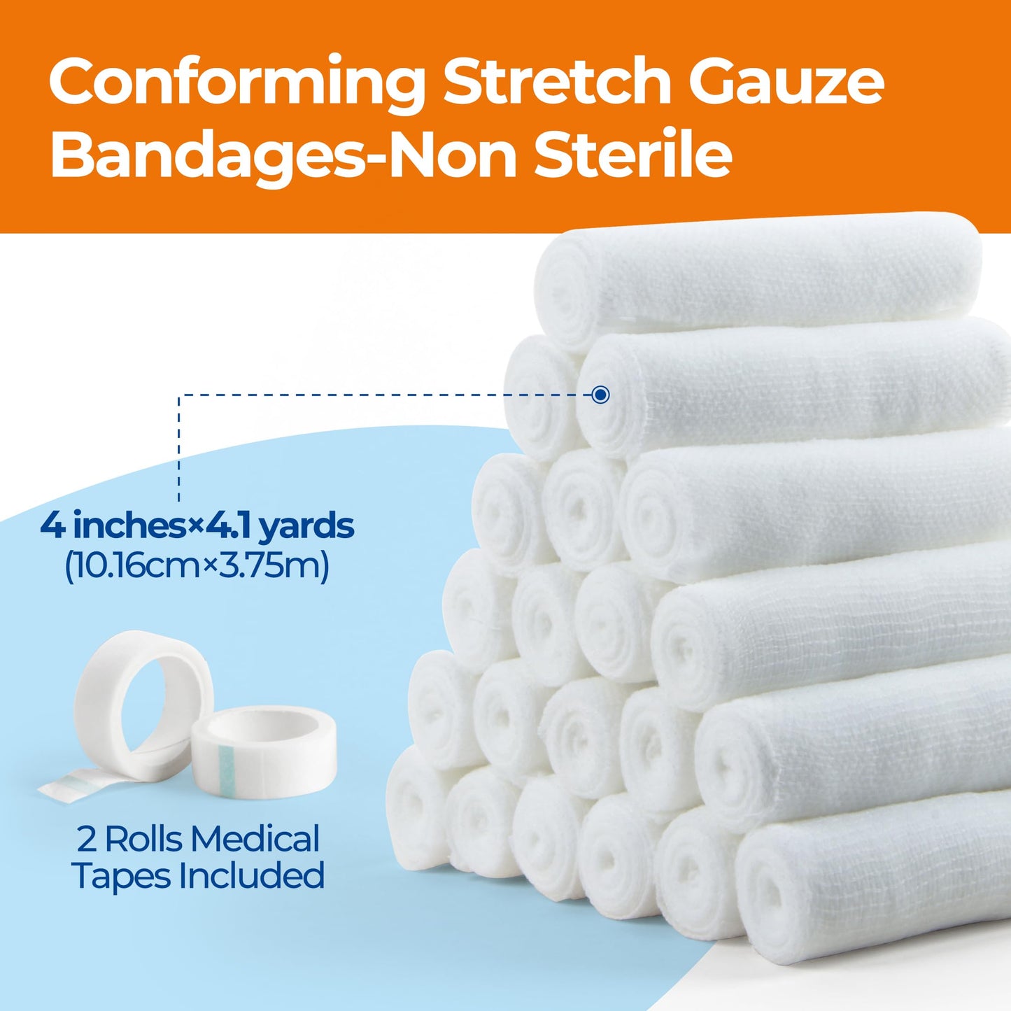 Gauze Rolls Bandages 4in x 4.1yds, 24 Rolls Conforming Stretch Gauze Bandage 4 Inch, Individually Wrapped Includes Medical Tape
