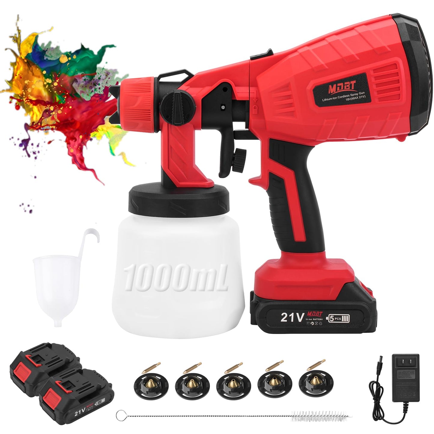 Cordless Spray Paint Gun,Airless Paint Sprayer Paint with 2Pcs 1500mAh Battery，Easy to Clean 5 Nozzles Electric HVLP Paint Sprayer for House Painting,Cabinets,Fences, Decks, Walls, DIY Projects, etc