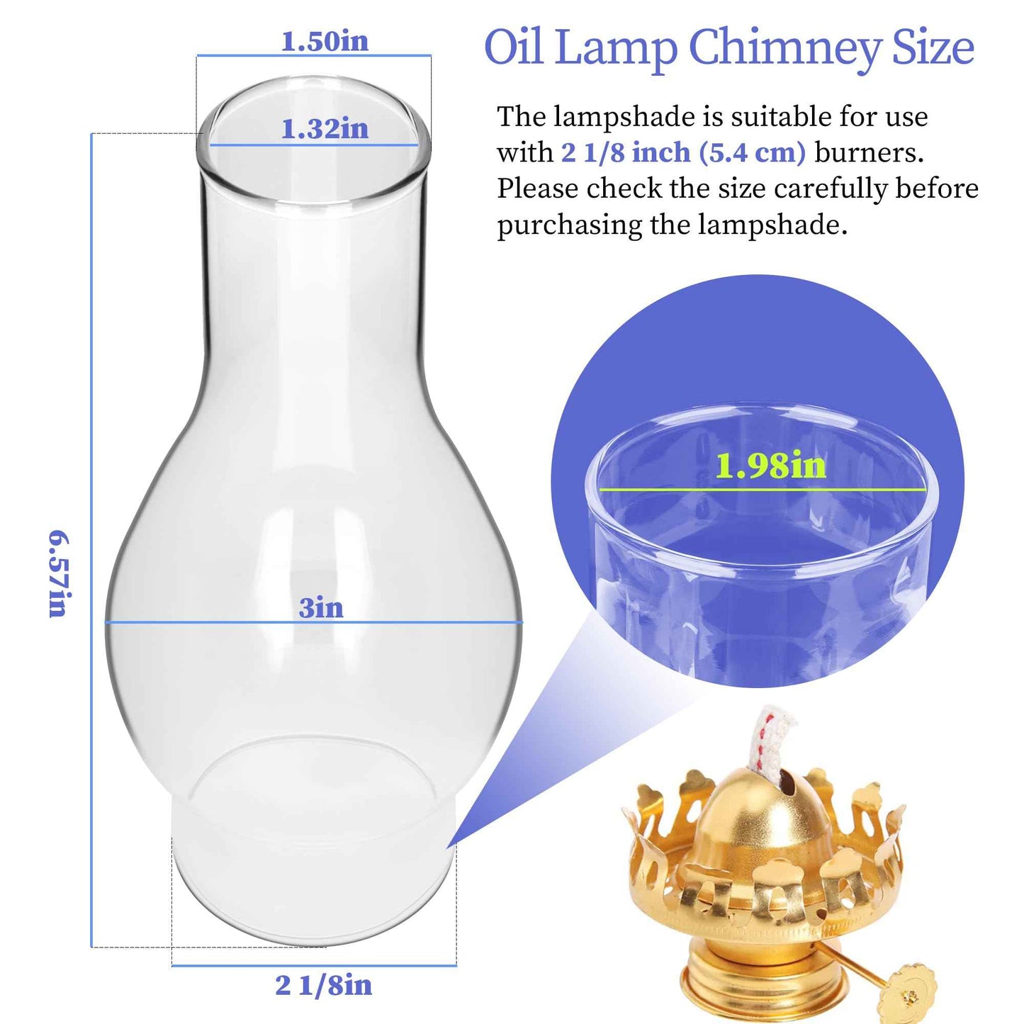 Oil Lamp Chimney Replacement – 2 1/8 Inch Base x 6.5 Inch Height Clear Glass Globe for Vintage Kerosene Lamps, Hurricane Lamp Shade & Parts（2 Pack）