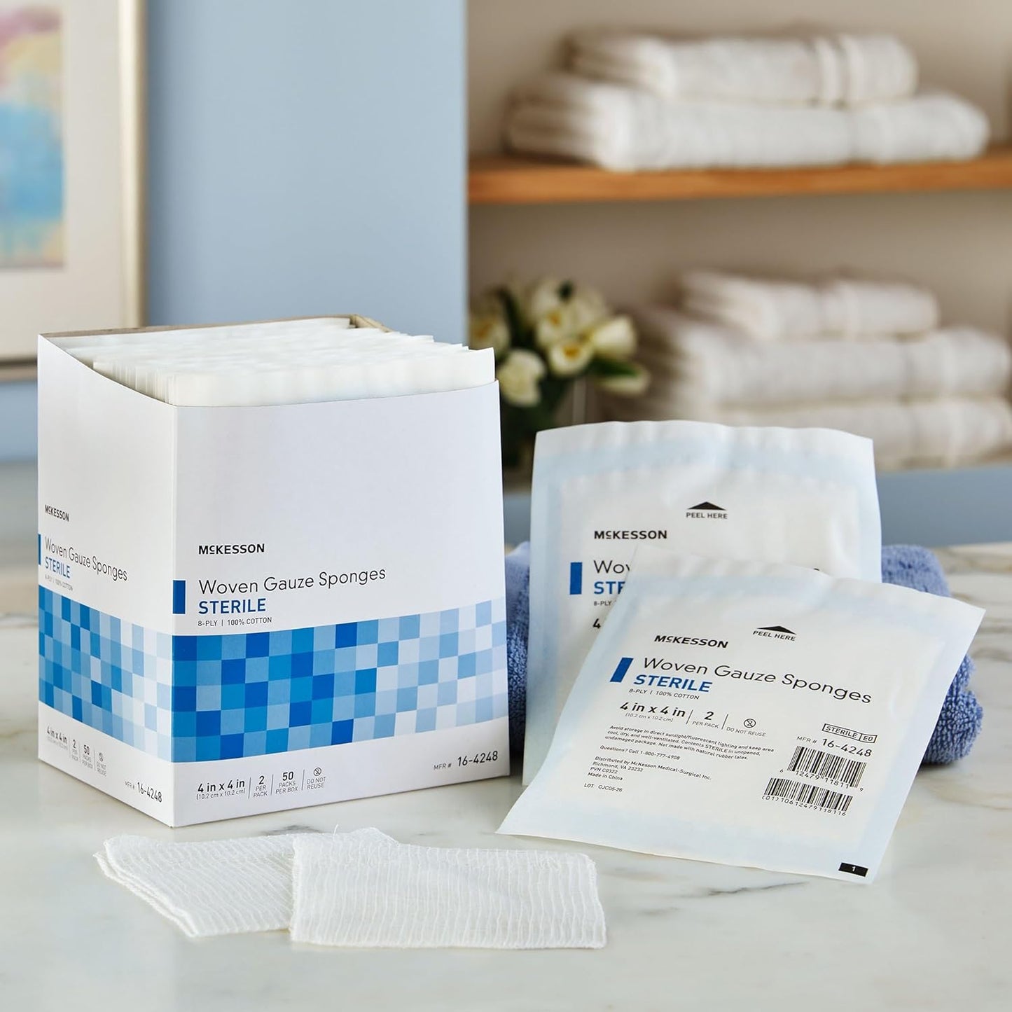 McKesson Woven Gauze Sponges - Sterile 8-Ply 100% Cotton, 4" x 4", 50 Packs of 2 Sponges Each
