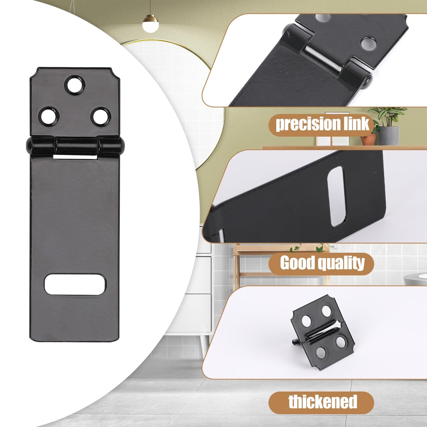 4Inch Lock Hasp Latch, 4 Pack Black Hasp Latch Padlock Hasp Cabinet Latch Hardware Door Slide Latch Safety Packlock Clasp Gate Locks for Wooden Fence, Pet Cage, Cabinet, Window, Garden, Yard