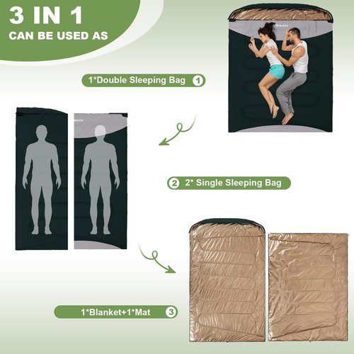 MHTD Double Sleeping Bag for Adults Cold Weather 0 Degrees Heavy Duty Two Person Sleeping Bag for Camping Cotton Canvas YKK Zipper Portable