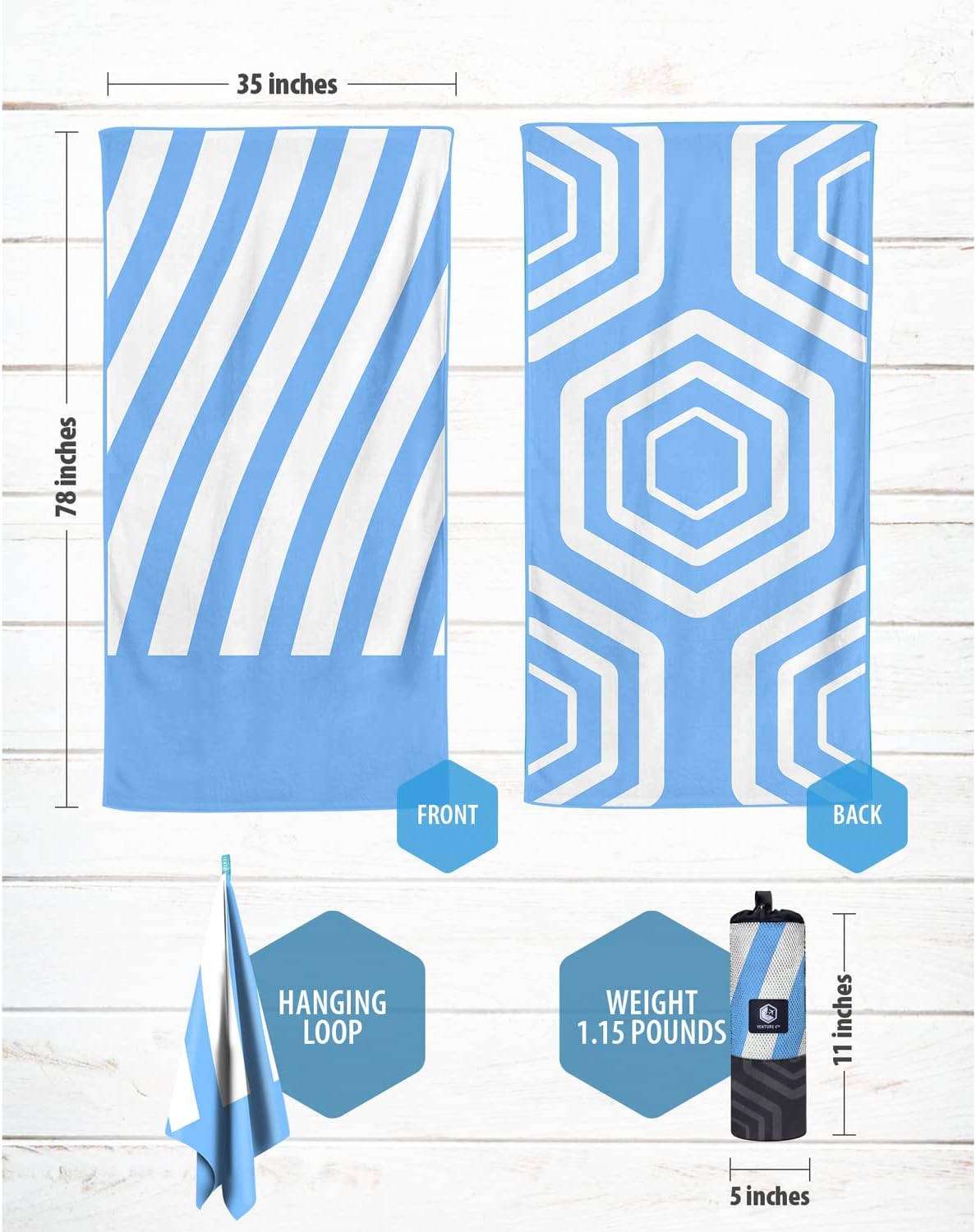 VENTURE 4TH Microfiber Beach Towel - Quick-Dry, Compact, Sand-Free & Lightweight | Sky Blue Stripes, 35x78 Inches