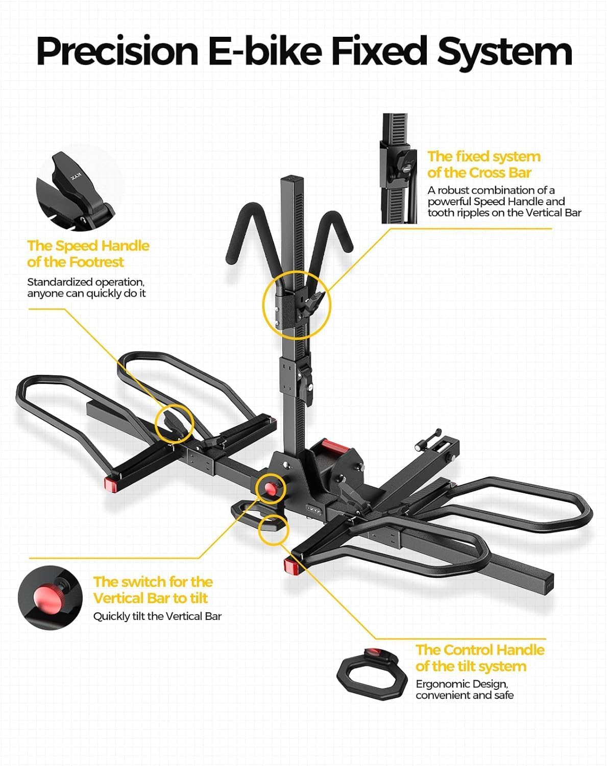 KYX 220 lb Hitch Mounted E-Bike Rack, 2-Bike Rack Hitch Mount Platform Style for Cars Trucks SUVs Minivans, fits MTB Gravel Road Bike with Up to 5-inch Fat Tire Carrier Rack - 2" Hitch Receiver