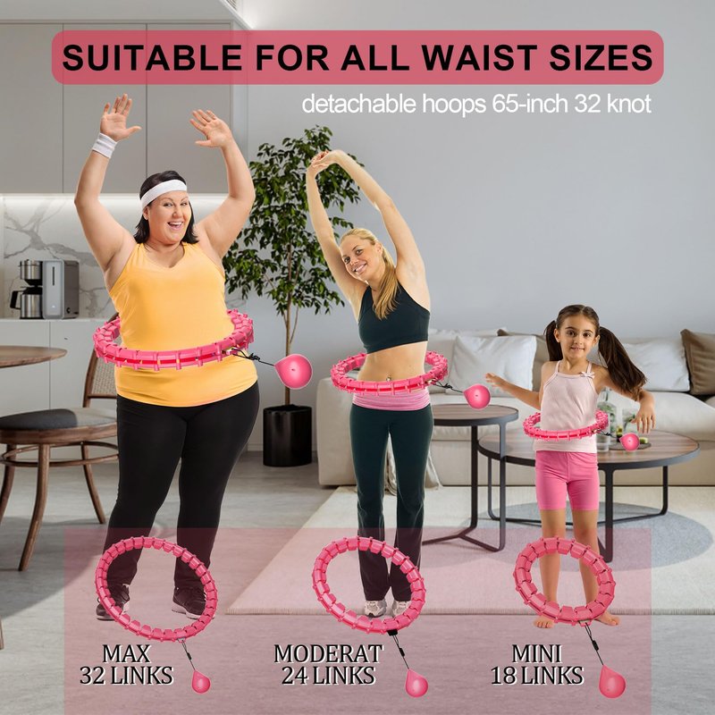 Plus Size Silent Weighted Hula Infinity Fitness Detachable Hoops 65-Inch 32 Knot, Smart Noiseless Infinity Hula for Women, 2-in-1 Waist and Abdominal Home Workout Equipment