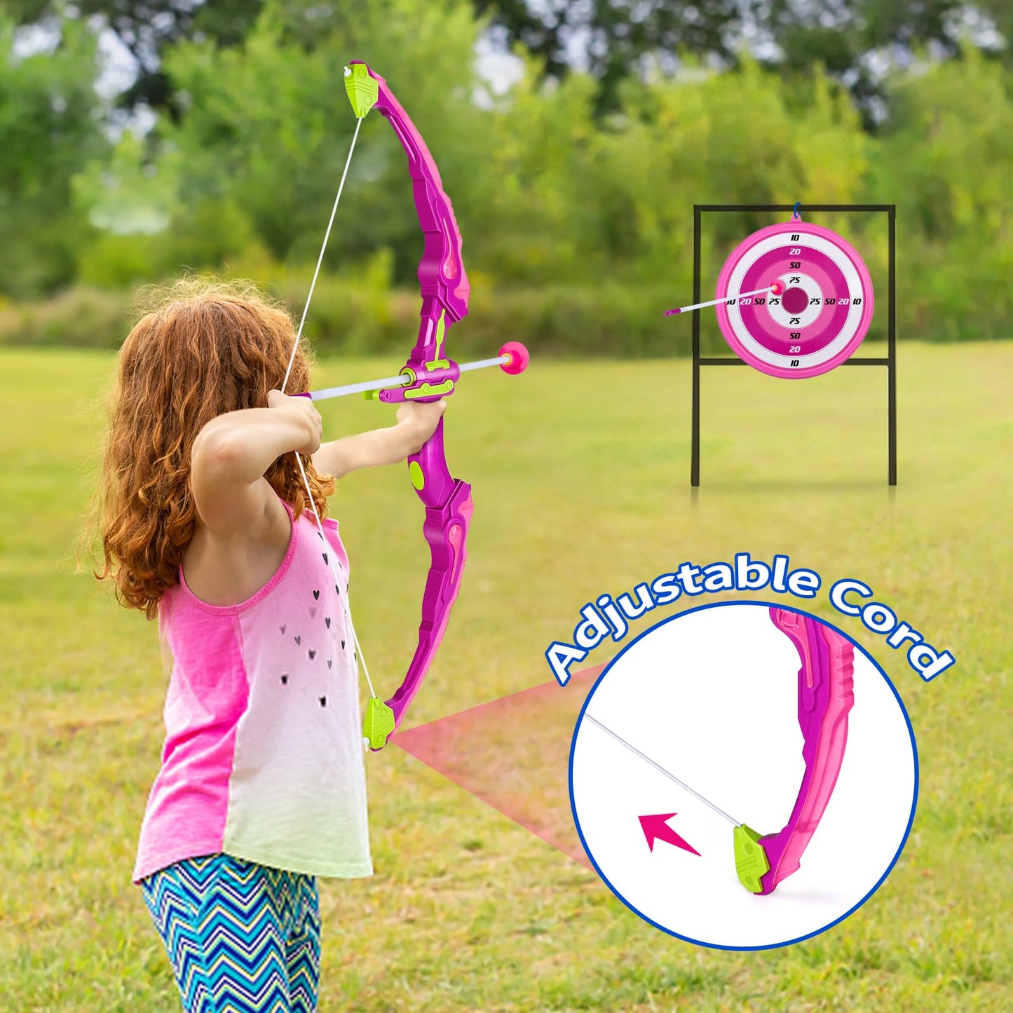 OWNONE 1 Pink Bow and Arrow Set for Girls, LED Light Up Archery Set with 10 Suction Cup Arrows, Target, Fairy Wings & Princess Crown, Birthday Gift Outdoor Toys for Kids Girls Ages 3-12