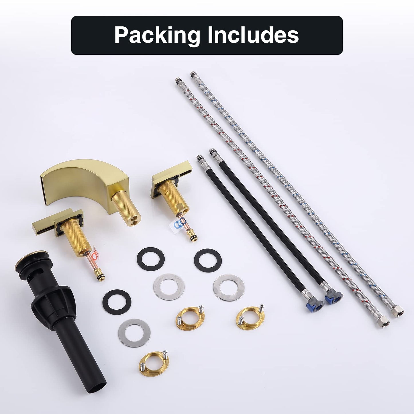 TRUSTMI 8 Inch Widespread Bathroom Faucet Brushed Gold - 2 Handle 3 Hole Lavatory Vanity Sink Faucet with Overflow Pop-Up Drain, Spot Resist, 3.14" Height, 2.7" Wide Waterfall Spout