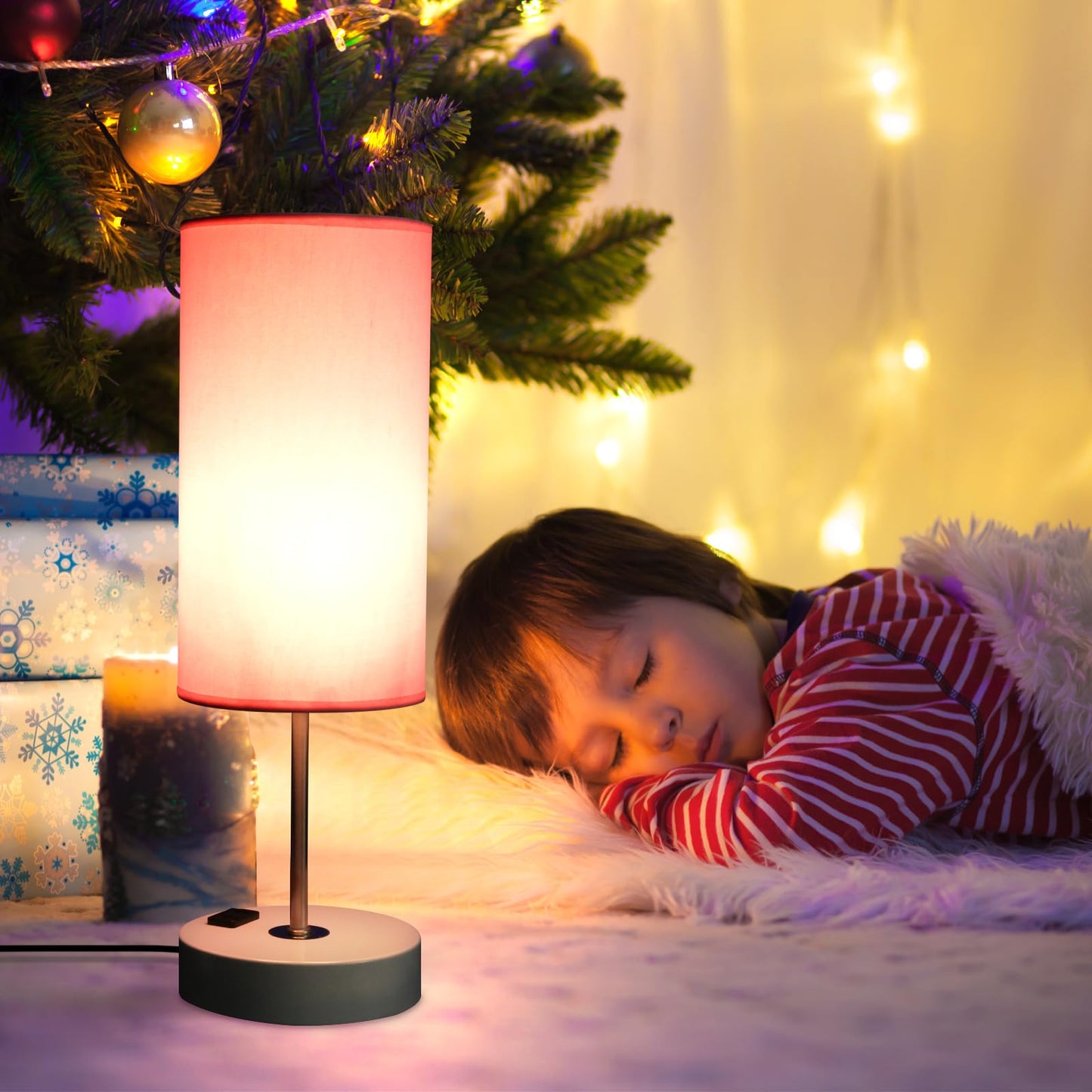 Gugsey Table Lamp with USB Port - Desk Lamp Touch Lamp Bedside Lamps for Bedroom, 3 Way Dimmable Small Lamps for Living Room, Nightstand, Nursery, Dorm, Home, Office, White Base+ Pink Lampshade