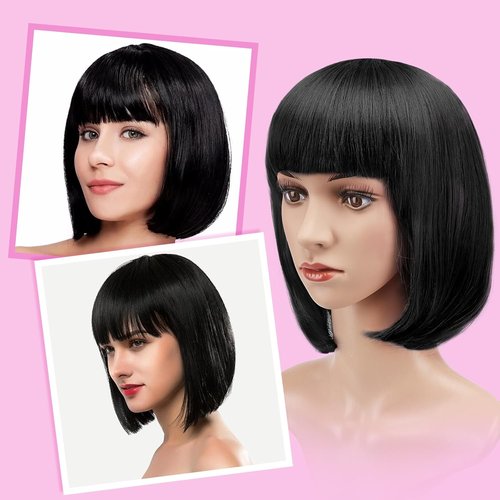 AGPTEK 13-Inch Straight Heat-Resistant Bob Wig with Flat Bangs for Women | Black Cosplay & Daily Wear