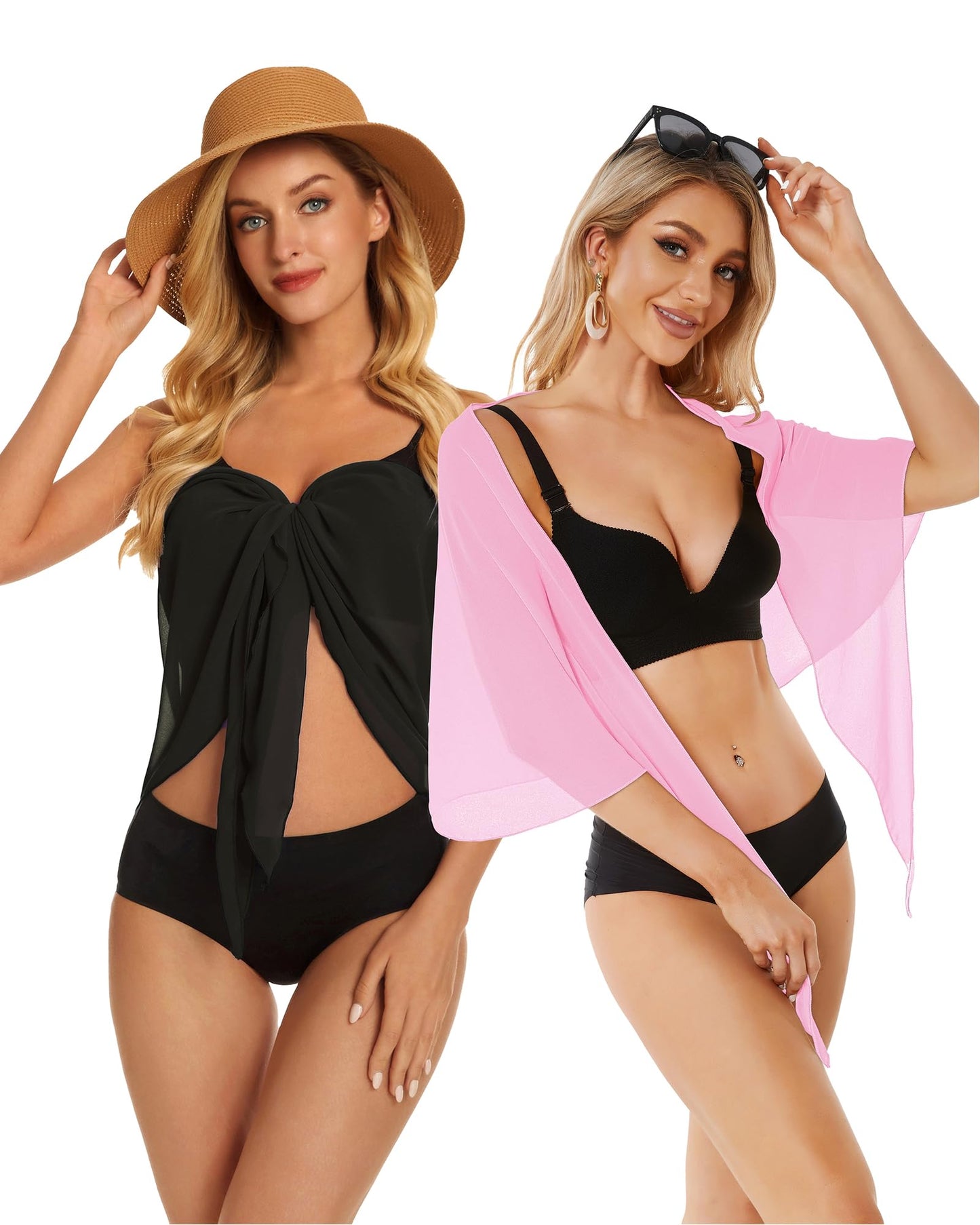 2 Pieces Sarong Cover Ups for Women Beach Bathing Suit Wrap Sheer Short Skirt Bikini Chiffon Scarf for Swimwear (Black and Pink)