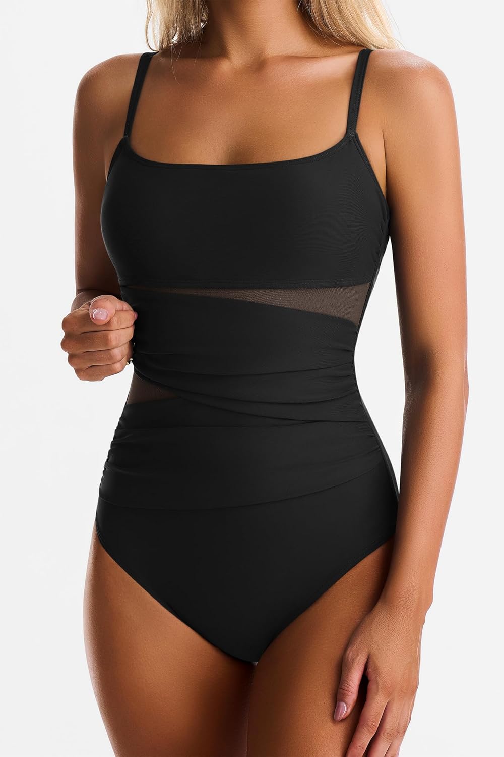 Skiennix One Piece Swimsuit - Tummy Control Mesh Bathing Suit with Push-Up Design | Slimming Square Neck