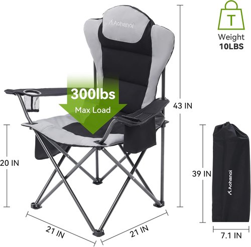 Aohanoi Camp Chairs - Heavy-Duty Folding Outdoor Chairs with Cup Holder & Cooler Bag | Supports Up to 300lbs (2 Pack, Black)