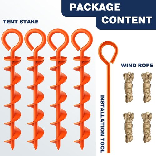 Eurmax USA Canopy Tent Stakes | Durable Corkscrew Shape Steel with Installation Tool & Ropes - Set of 4 (Orange)