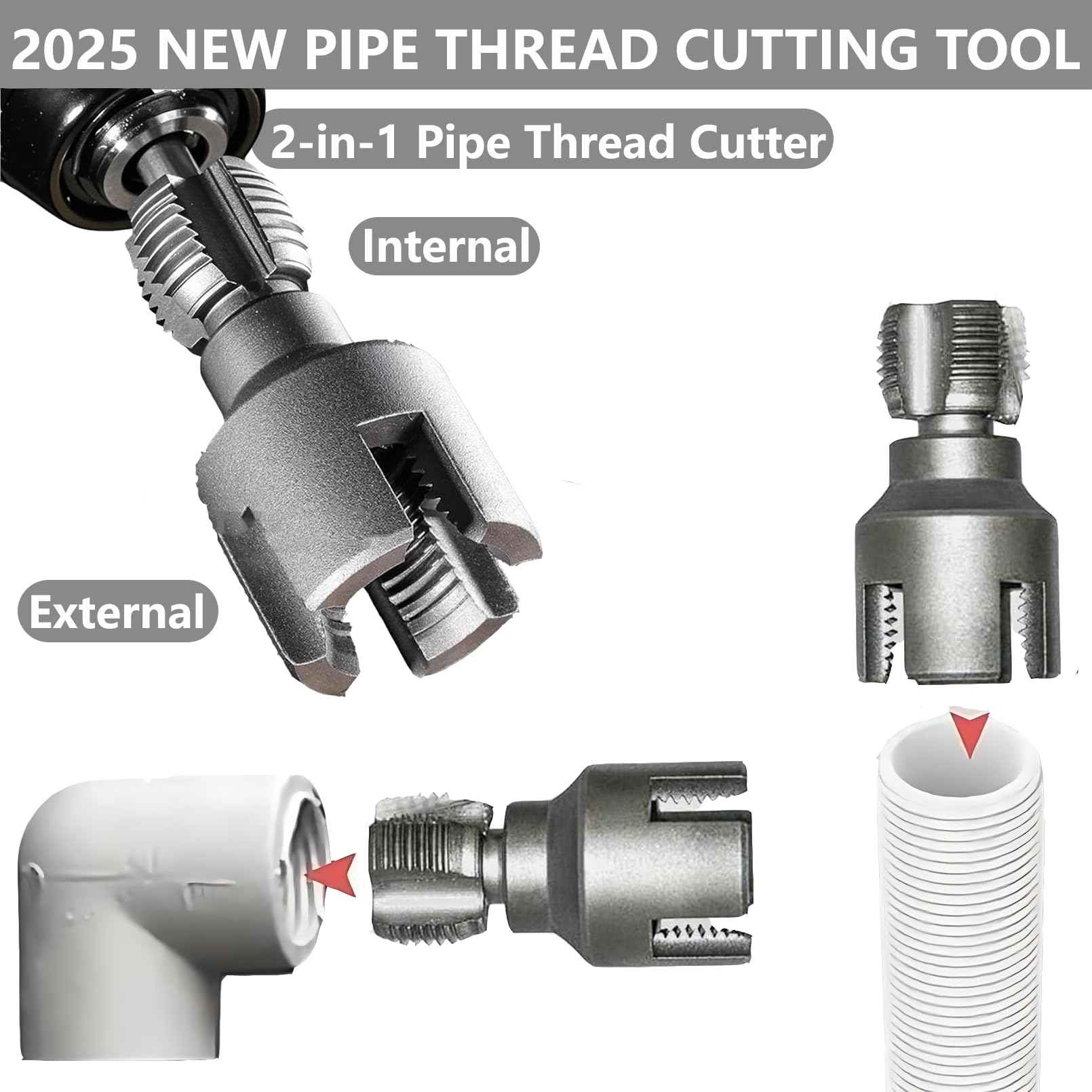 Integrated Internal & External Pipe Threading Tool, PVC Pipe Threader Set 1/2" 3/4", Pipe Thread Cutting Tool, PVC Thread Maker Tool for Electric Drill
