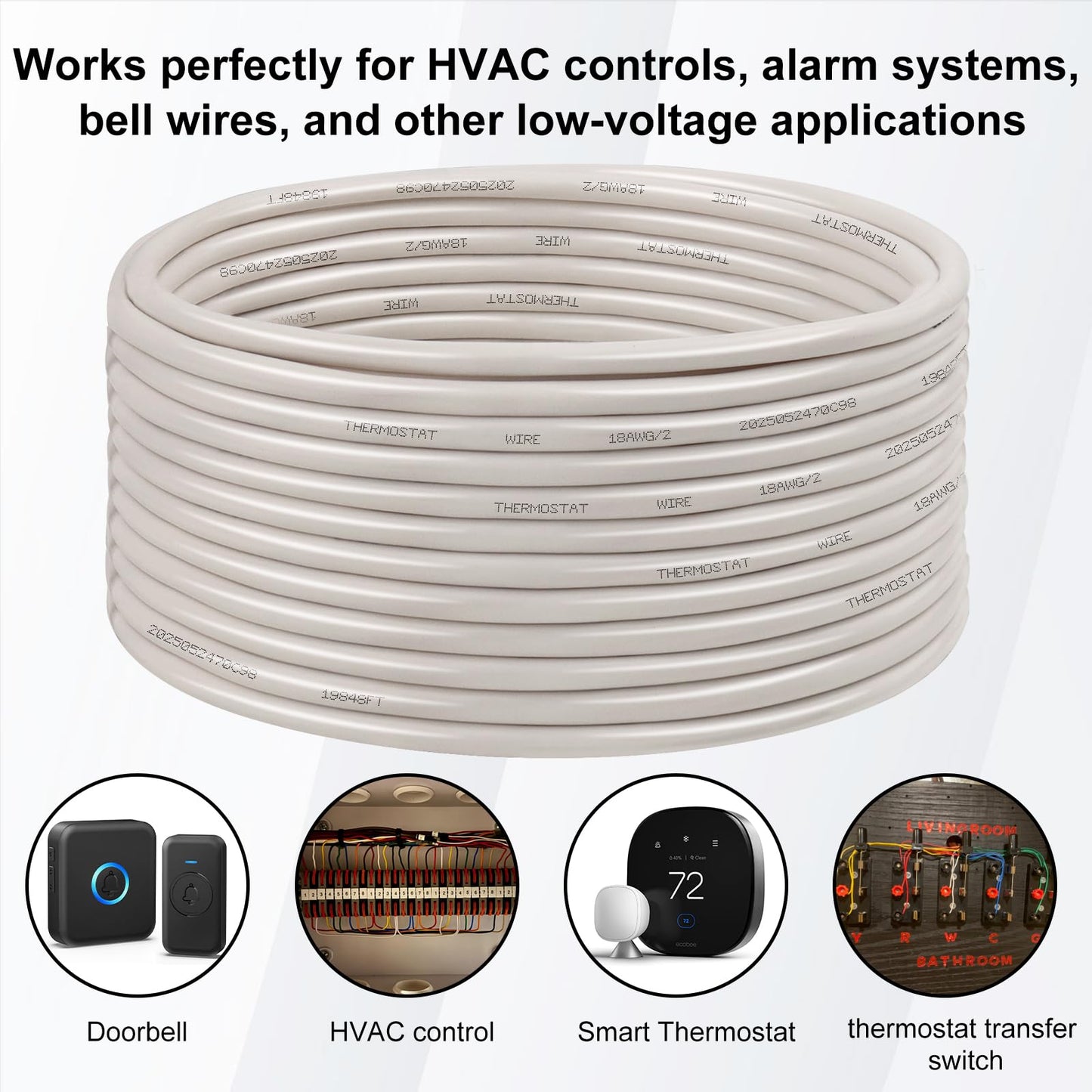 XRDS -RF 18AWG 2 Conductor Thermostat Wire 20FT, Solid Copper, 18 Gauge 2 Wire for Thermostat, HVAC, Heating and Cooling, White Jacket (20FT / 25FT / 30FT / 50FT / 75FT / 100FT)