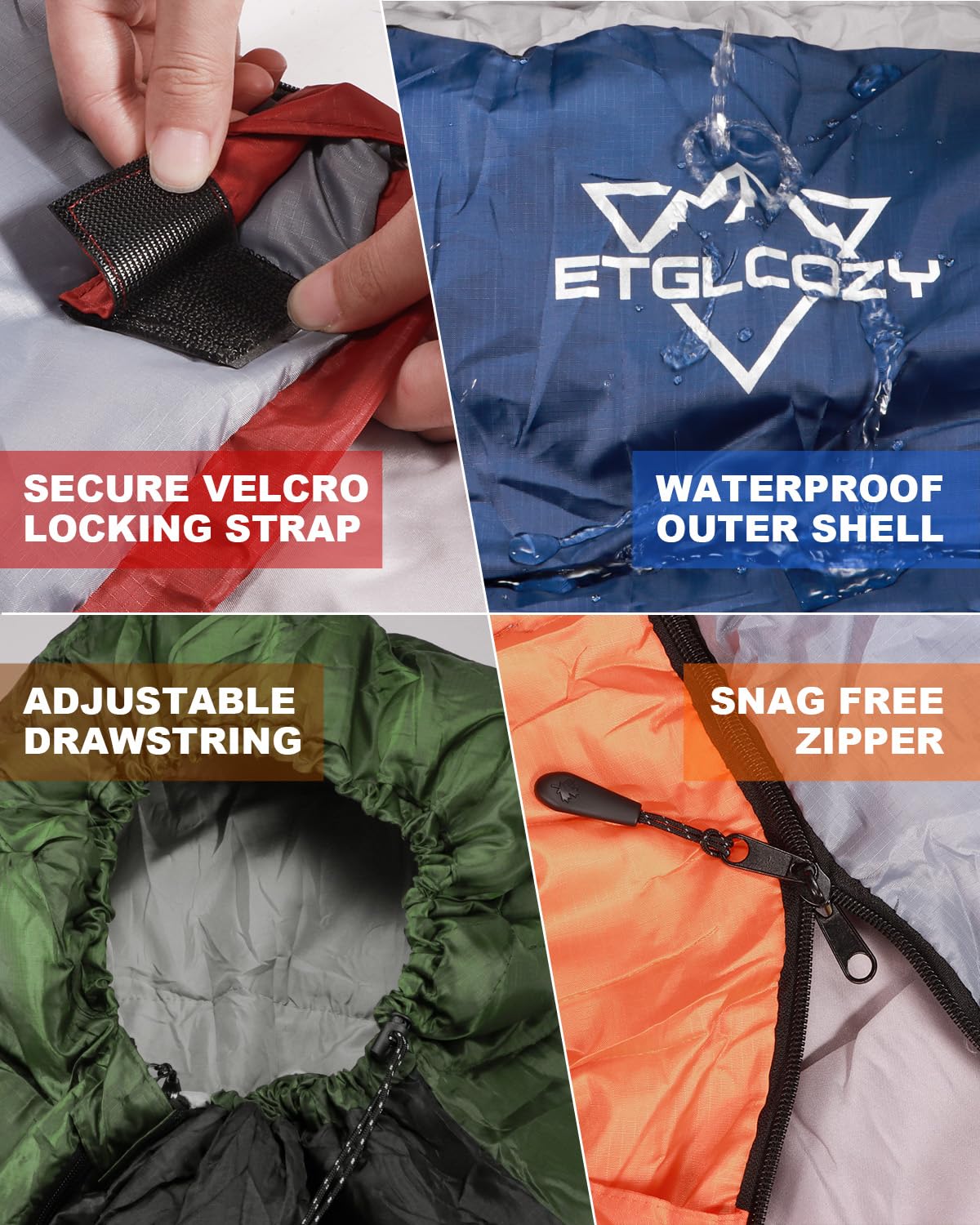 ETGLCOZY Lightweight 3-Season Sleeping Bag for Adults/Kids Camping, Compact w/Compression Sack, Waterproof Ripstop, Portable for Backpacking Hiking Travel, 50-80°F, Orange