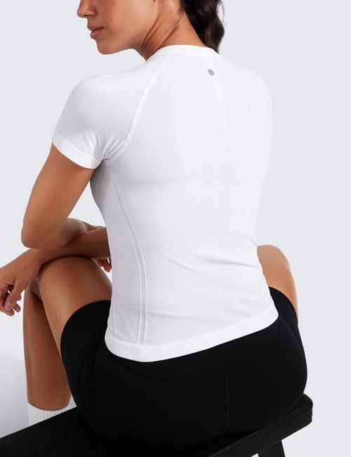 CRZ YOGA Seamless Workout Tops for Women - Breathable Short Sleeve Athletic Shirts | Waist Length