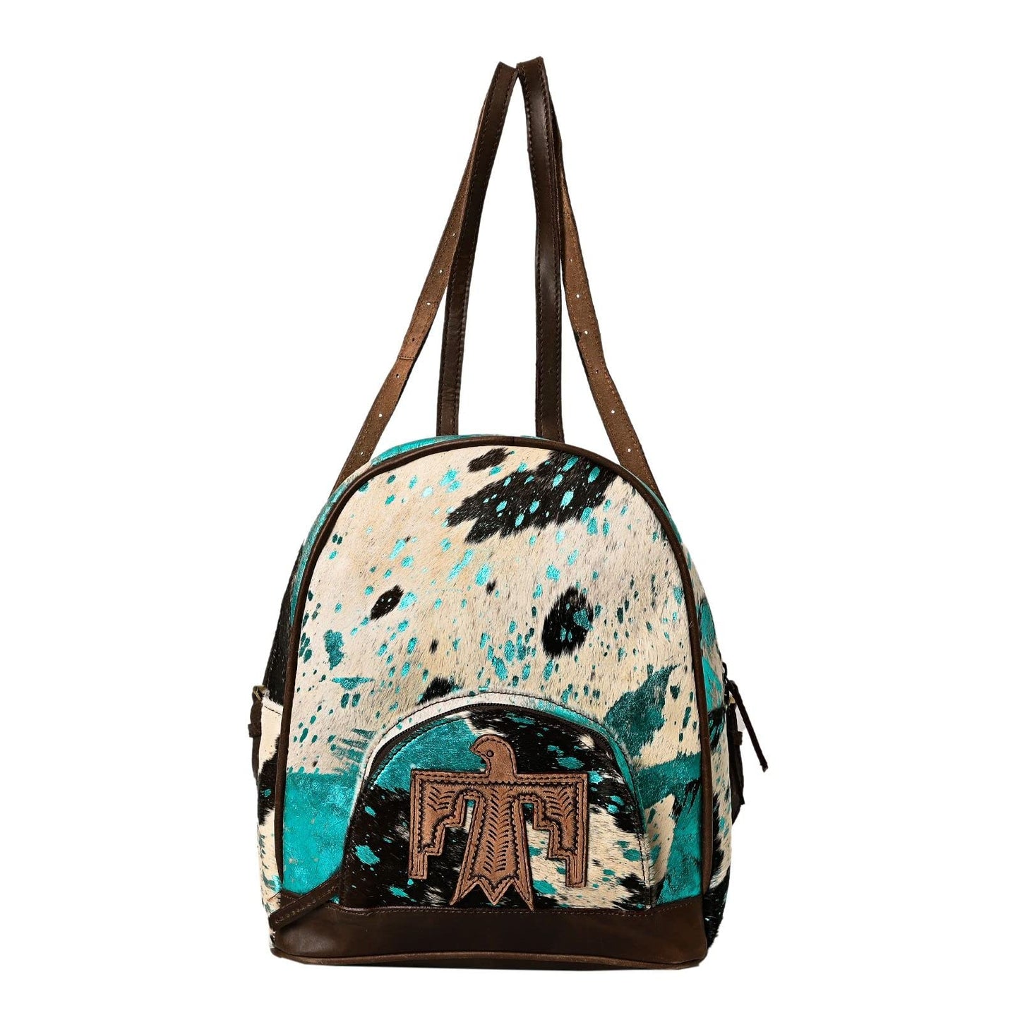 Merbaa Handmade Cowhide Leather Cotton Lining Zipper Closure Fashion Backpack For Women With Eagle Tooling Patch in Front, Teal Blue