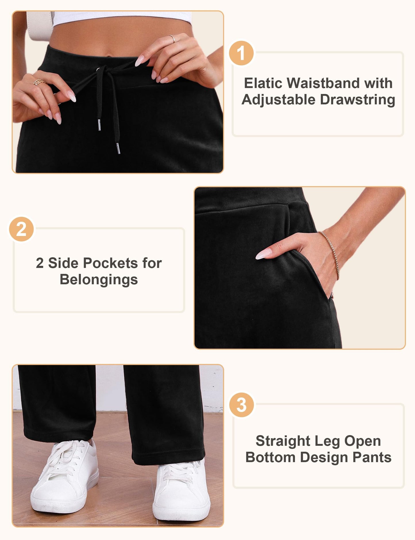 Pescool Velour Pants for Women, Straight Leg Womens Velour Sweatpants, Velvet Wide Leg Lounge Pants for Women with Pockets (Black, S)