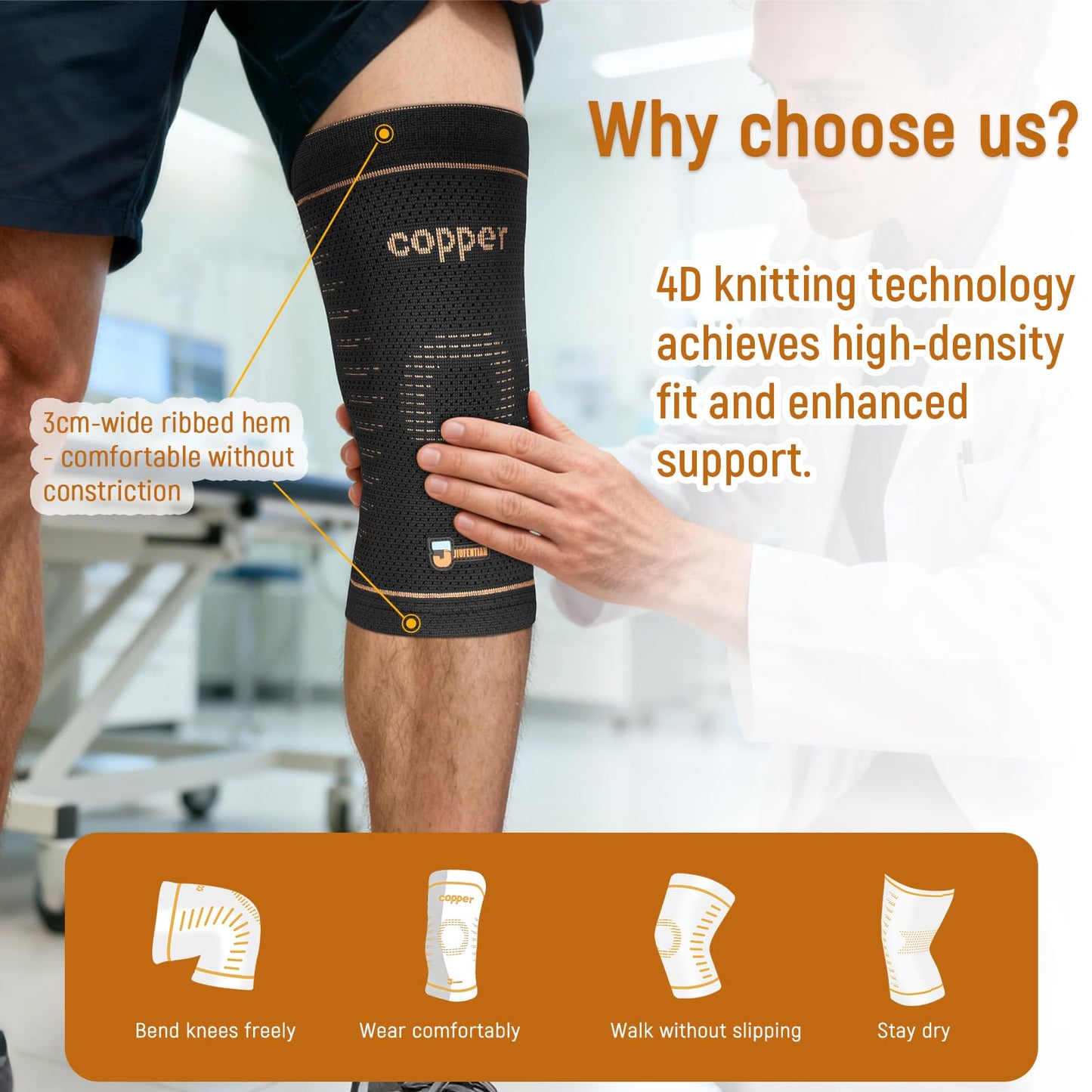 JIUFENTIAN Copper Knee Brace for Women and Men(2 Pack) -knee compression sleeves for Arthritis, Running & Daily Use-Targeted Support for Joint Stability & Pain Relief(Medium)