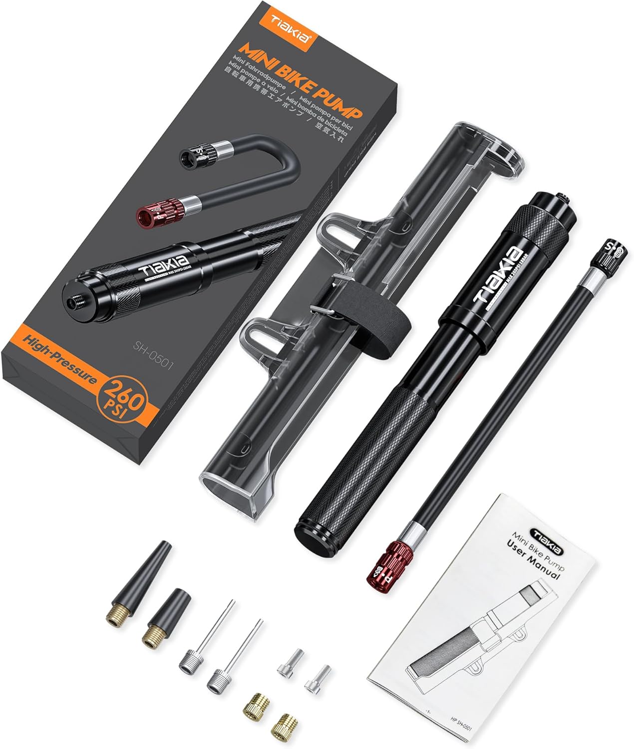 Tiakia Mini Bike Pump - Portable 260PSI High Pressure Frame Pump for Presta & Schrader Valves | Aluminum Alloy Tire Pump for Road & Mountain Bikes