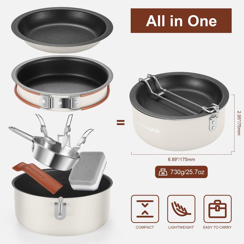 Odoland 10pcs Camping Cookware Non-Stick Camping Pot and Pan Set with Plate Bowl Fork Knife Spoon for Backpacking, Hiking, Outdoor Cooking and Picnic