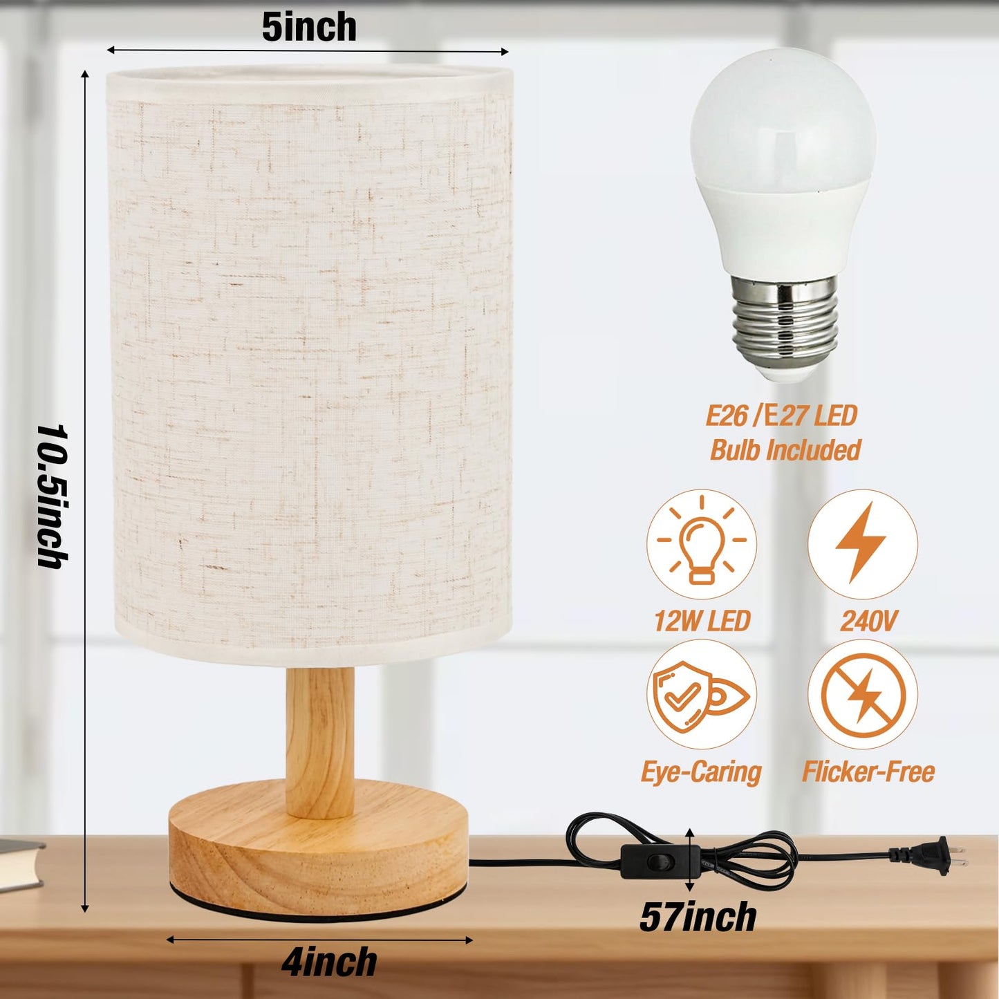 EZIYIN Desk Lamp LED Bulb Included, Small Bedside Table Lamp Plug-in - Classic Wood Base with Flaxen Fabric Shade, Lamps for Night Stands, Simple Nightstand Light for Bedroom, Office, Desk