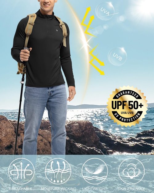 BGOWATU Men's Hiking Shirt - Long Sleeve UPF 50+ Quarter Zip Pullover | Quick Dry Rash Guard