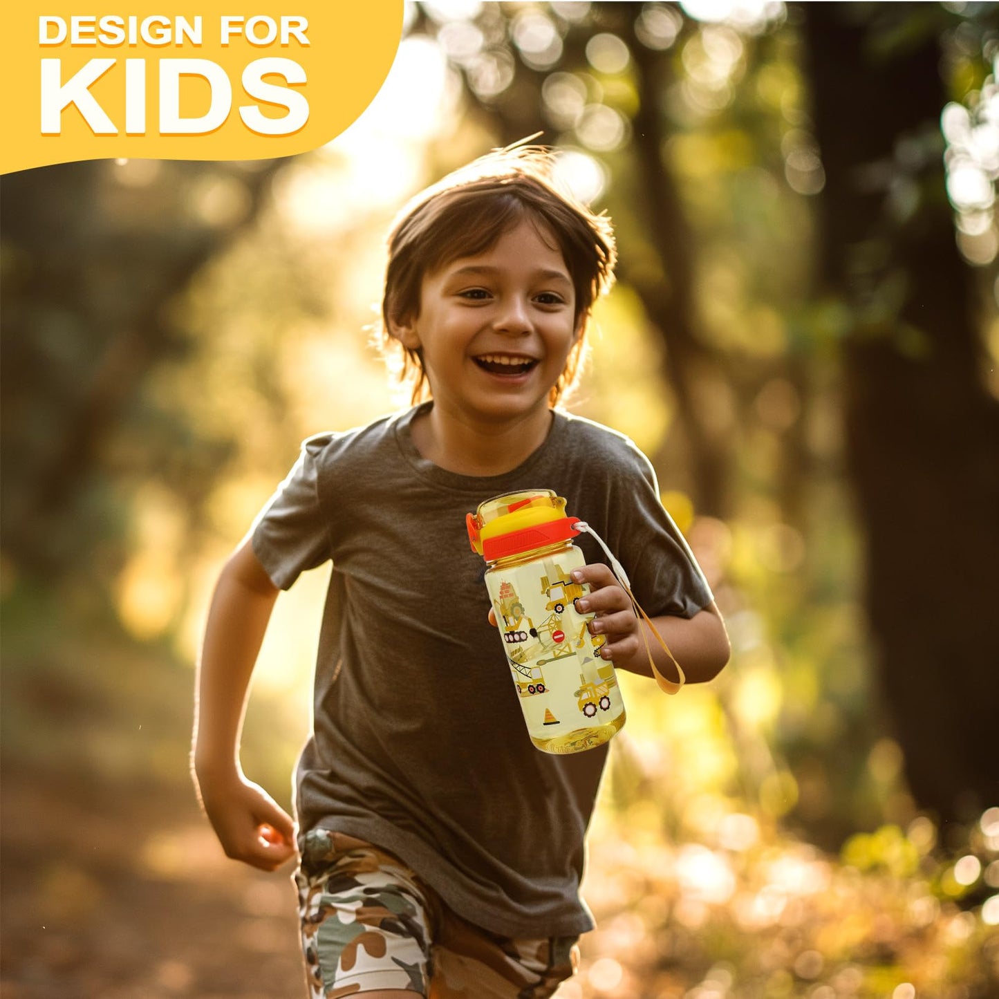 wooshwa Kids Water Bottle for School or Travel, 20 Oz Durable Plastic Water Bottle with Silicone Straw and Pop-Up Spout Cover, BPA Free & Dishwasher Safe(Excavator)