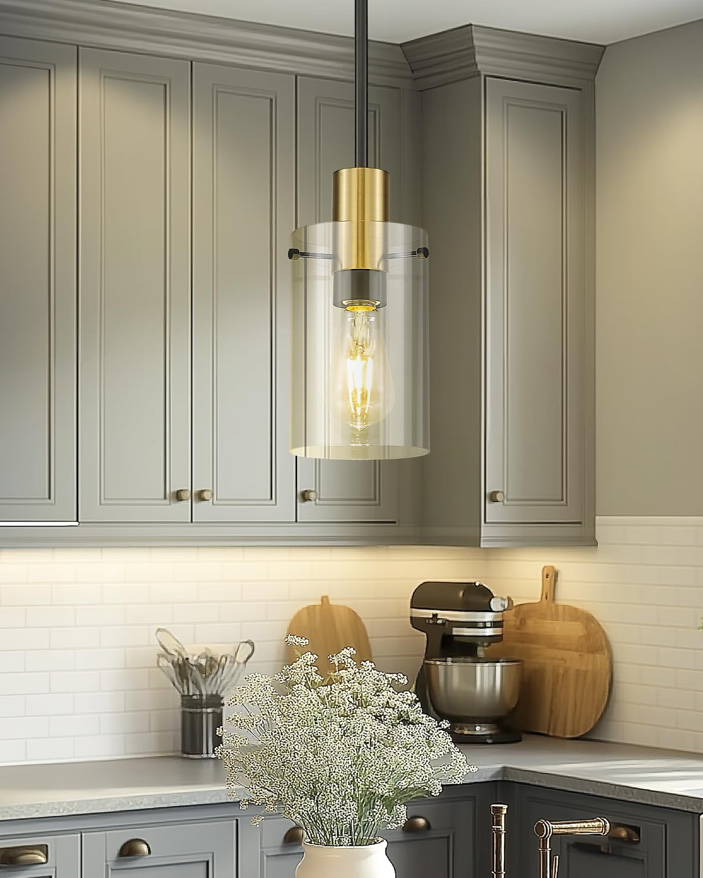 Emak 2 Pack Black and Gold Pendant Light,Modern 5 Inch Pendant Lights Kitchen Island with Clear Glass Shade, Farmhouse Kitchen Island Lighting for Dining Room, Bathroom, PL127-BKBGD-CG-2PK