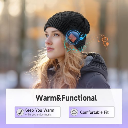 TOUCH TWO Black Acrylic Bluetooth Beanie hat - Tech Gifts for Men and Women, Wireless Bluetooth Hat, Stocking Stuffer